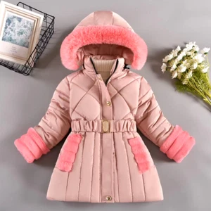 Winter Fashion Girls Jacket Long Patchwork Hooded Windbreaker Kids Outerwear - Picture 1 of 17