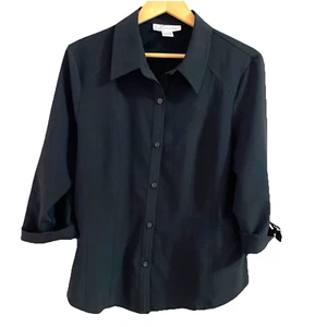 Dress Barn Button Front Shirt Blouse Size XL Black Stretch D-Ring Roll Sleeves - Picture 1 of 9