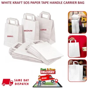 KRAFT PAPER BIANCO SOS BORSE PER TRASPORTO CIBO CON MANICO RUBINETTO DI CARTA BORSA DA ASPORTO FESTA - Foto 1 di 14