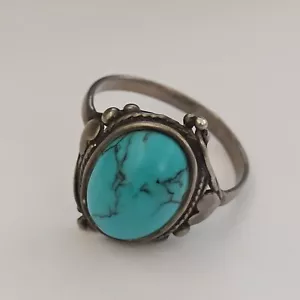 Vintage Silver Ring Turquoise Silver 925 Romantic Deco 9 Oval Boho Patina Retro - Picture 1 of 16