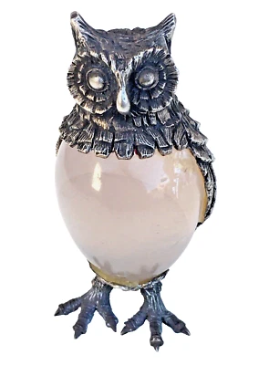 Figura de pájaro búho huevo plata esterlina y cuarzo rosa, intrincada decorativa Foto 1 de 4