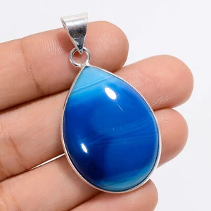 Blue Botswana Banded Agate Gemstone Fashion 925 Silver Pendant 1.6" ARP-4313 - Picture 1 of 3