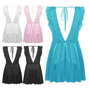 Men Sissy Sleep Dress Sleeveless Sheer Satin Mini Dress Crossdress Nightwear - Picture 1 of 60