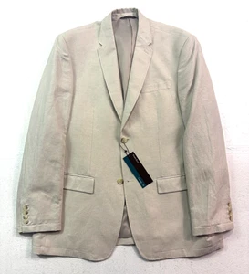NEW Perry Ellis 46R Linen Cotton Blazer Jacket Sport Suit Coat Beige Herringbone - Picture 1 of 12