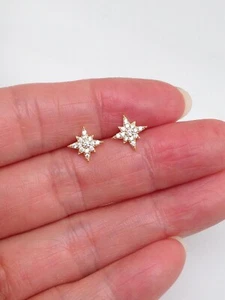 Cz Gold North Star Stud Earrings 925 Sterling Silver Small Tiny Post Stud 8mm - Picture 1 of 10