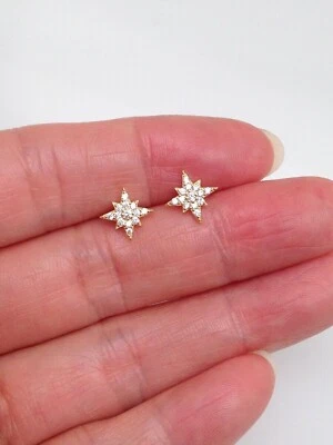 Cz Gold North Star Stud Earrings 925 Sterling Silver Small Tiny Post Stud 8mm - Image 1 of 4