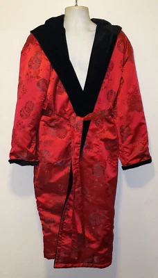 Bata kimono asiática roja vintage con capucha forrada de lana negra satinada con cinturón XXL salón Foto 1 de 4