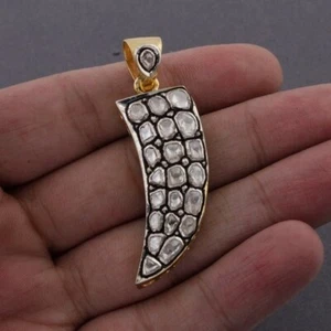 925 Sterling Silver Natural Diamond Polki Pendent Tiger Tooth Shape Pendent Gift - Picture 1 of 5
