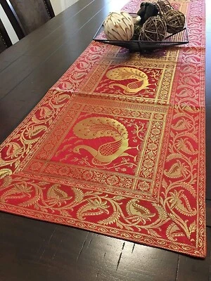Indian Peacock Design Silk Dining Table Runner Kitchen Table Decor 16x60 Inch - Image 1 of 3