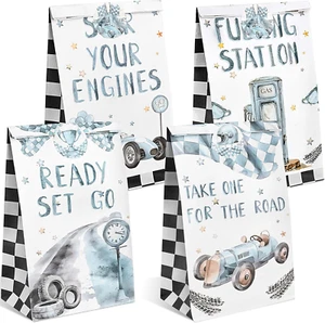 24Pcs Race Car Party Favor Bags with Stickers, Watercolor Blue White Checkered P - Picture 1 of 7