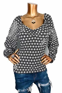 Blusa Michael Kors L Top Elastizada Nueva con Etiquetas Logo Geo MK Negra Marfil Cuello Reina Ana - Imagen 1 de 11