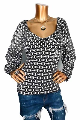Michael Kors L Top Stretch NWT Geo MK Logo Blouse Black Ivory Queen Anne Neck - Image 1 of 4