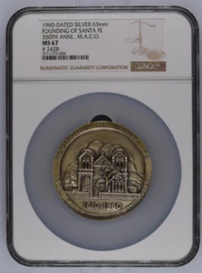 Medalla de plata 1960 5 oz fundación de Santa Fe 350 aniversario NGC MS67 #2428 - Imagen 1 de 3
