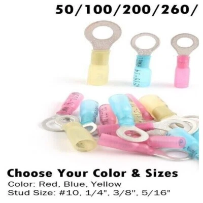 Heat Shrink Ring Terminals Wire Crimp Marine Connector Set Waterproof 4 Sizes - Image 1 of 4