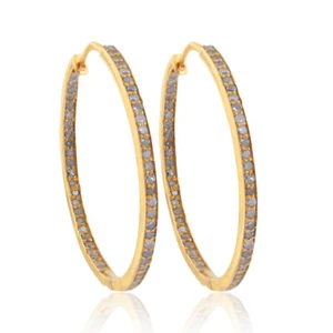 Gold Vermeil Pave Diamond Hoop Earrings 925 Sterling Silver Women Jewelry - Picture 1 of 5