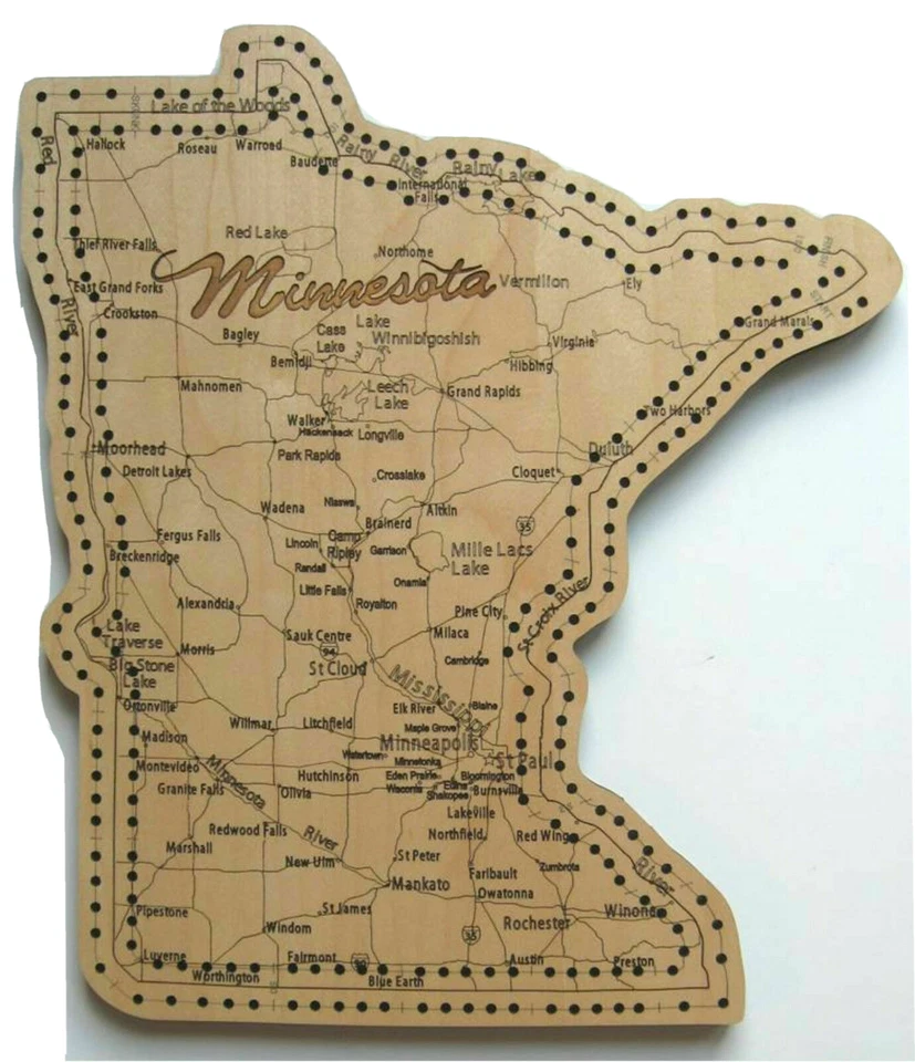 Minnesota State Shaped Road Map Cribbage Board Two Track - Image 1 of 1