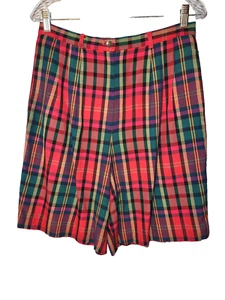 VTG Pendelton Classic Red Plaid Rayon Pleated Wide Leg Pockets Short USA Size 12 - Picture 1 of 10