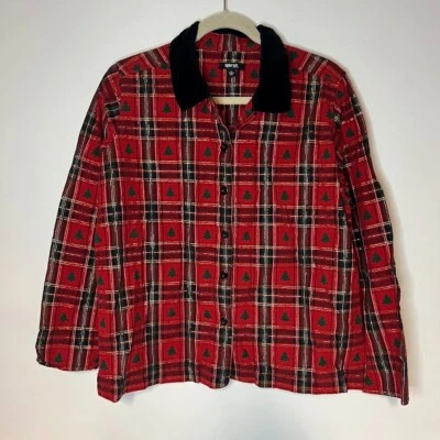 Camisa de Colección Árbol de Navidad a Cuadros Detalle Metálico Cuello Terciopelo Abotonada Para Mujer Años 90 Foto 1 de 4