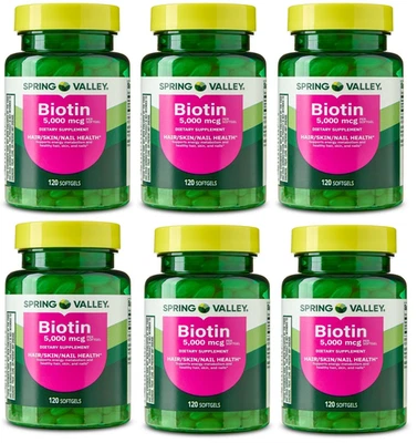 Biotin 5000MCG 6 X 120 = 720 Softgels SKIN/HAIR/NAIL Very Fresh Expiration 2028 - Image 1 of 4