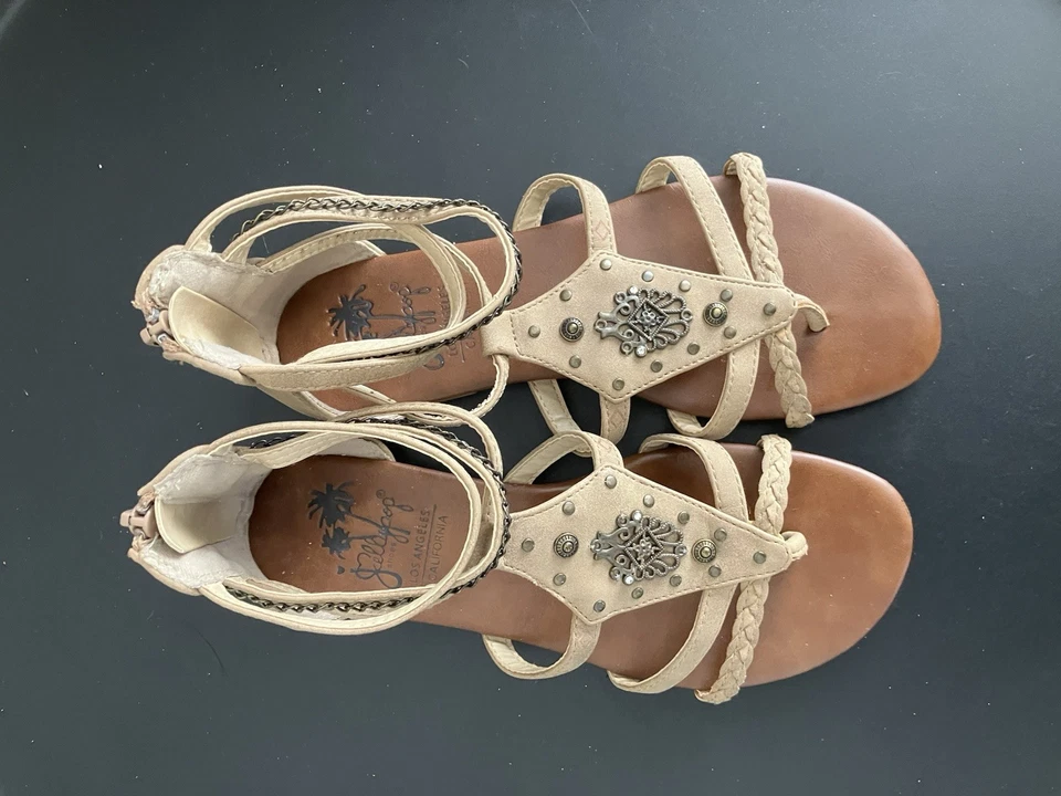 Jelly Pop Boho Chic Leather Strappy Woman’s Sandals W/ Metallic Accents Size 7 - Image 1 of 4