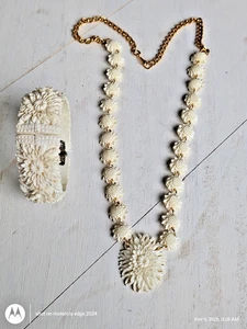Vintage creme Zelluloid Blume Gliederkette und Clamper Armband schön sehr guter Zustand - Bild 1 von 8