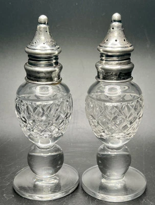 Antique Diamond Cut Crystal Salt & Pepper Shakers w Sterling Silver Caps 6” Tall - Image 1 of 4
