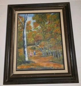Pintura al óleo firmada Impasto campo enmarcada árboles de otoño niños figurativa - Imagen 1 de 15