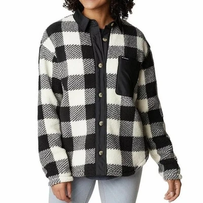 Columbia Negro Blanco Cuadros Polar Acogedora West Bend Sherpa Camisa Chaqueta Grande Foto 1 de 4
