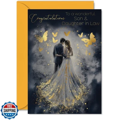 Son and Daughter in Law Wedding Card - Gold Butterflies Happy Couple - Golden - Image 1 of 4