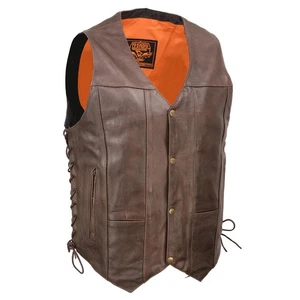 Chaleco de motocicleta retro marrón 10 bolsillos chaleco de encaje lateral para hombre ML1391RT - Imagen 1 de 10