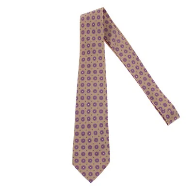 Corbata Kiton nueva sin etiquetas 100 % seda siete pliegues en marrón claro con flores moradas Foto 1 de 4