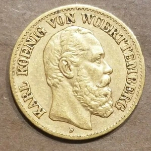 1873 F Wurttemberg 10 Marks Gold Coin German States ten mark KM 621 VERY NICE ! - Picture 1 of 10
