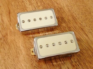 HUMBUCKER SIZED P90 GUITAR PICKUP SET ALNICO 2 AGED WHITE ENCASED IN CHROME - Picture 1 of 3