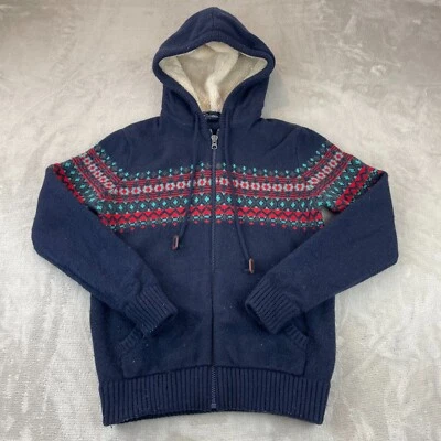 Gap Sweater Men Medium Navy Blue Lambswool Fair Isle Full Zip Sherpa Hoodie - Image 1 of 4