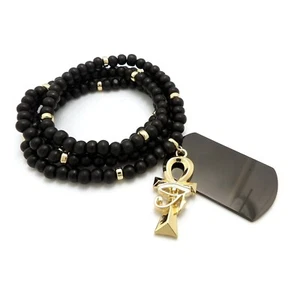 Hip Hop Egyptian Ankh Cross & Dog Tag Pendant w/ 6mm 30" Wooden Bead Necklace - Picture 1 of 5