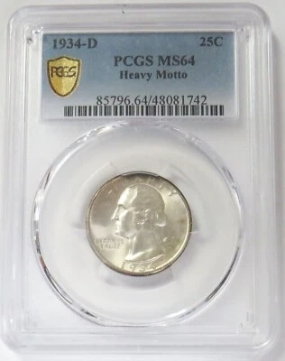 1934 D SILVER USA WASHINGTON QUARTER 25C HEAVY MOTTO COIN PCGS MS 64 - Image 1 of 3