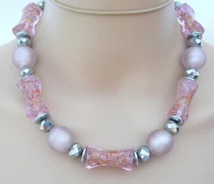 Statement Halskette Glas Lampwork Perlen Murano Art Walzen Rosa Hämatit 202d - Bild 1 von 7