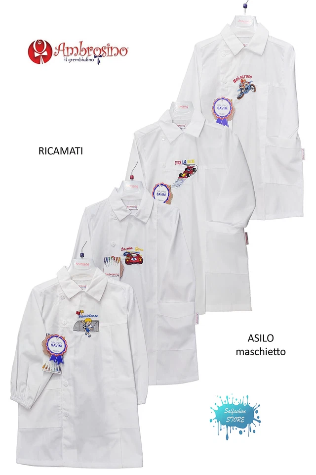 Grembiule bianco bimbo ricamato per scuola materna asilo AMBROSINO SAVIM - Immagine 1 di 1
