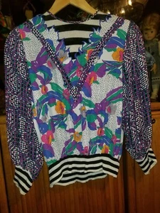 VINTAGE DIANE FREIS ORIGINAL GEORGETTE MULTI COLOR BLOUSE/TOP SHOULDER PADS SIZE - Picture 1 of 4