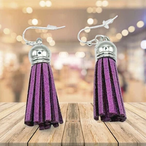 TASSEL EARRINGS, PURPLE LEATHER STYLE TASSELS SILVER HYPOALLERGENIC HARDWARE - Picture 1 of 4