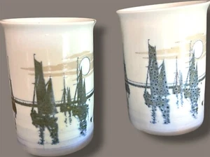 Duncan Ceramics Made in Scotland Set of 2 Mugs Sailboat Water Mariner Vintage - Picture 1 of 11