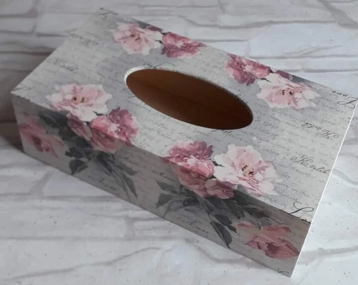 Roses Flowers Rectangular Long Tissue Box Cover Handcrafted wooden decoupaged - Image 1 of 1