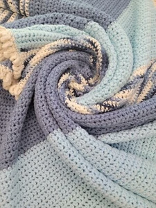 Vintage Crochet Afghan Blue Striped Lap Blanket Handmade Ruffled Throw 44” X 73” - Picture 1 of 11