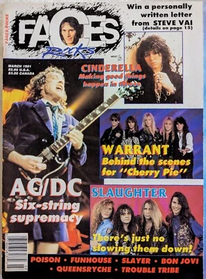 Faces Rocks Magazine March 1991  AC/DC, Warrant, Slaughter, Faith No More, RARE Foto 1 de 4