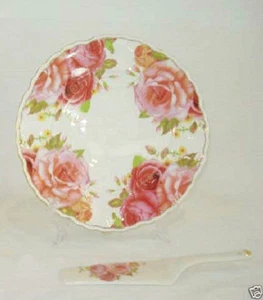 Shabby Chic Fine Bone China English Rose Cake Plate With Spatula - Picture 1 of 7