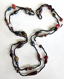 Vintage Boho Mixed Glass Bead Black Knotted Single Strand Necklace 58" Claspless - Picture 1 of 6