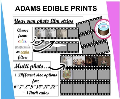 ADAMS EDIBLE PRINTS YOUR OWN EDIBLE PHOTO FILM STRIP REEL, 6INCH - 14INCH ROUND CAKES, MUTLI PHOTO