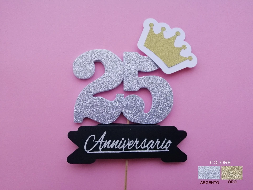 CAKE TOPPER COMPLEANNO DECORAZIONE PER TORTE NUMERO 25 DI COLORE ARGENTO E ORO - Immagine 1 di 1