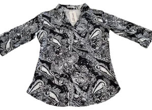 Tunic Top Women Small Black/White Paisley 3/4 Sleeve V-Neck Blouse Stretch NWT - Picture 1 of 9