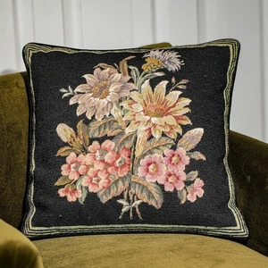 Traditional Embroidered Floral Flower Needlepoint Velvet Throw Pillow - Picture 1 of 13